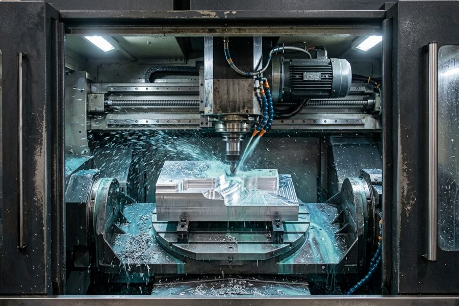 CNC mill cutting an aluminum component