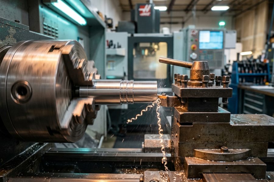 CNC lathe turning a steel shaft