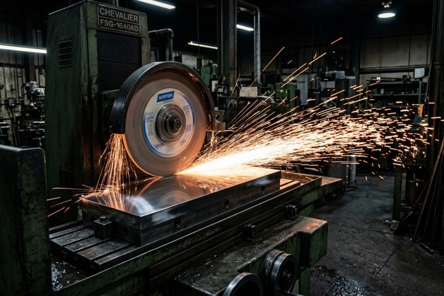 Surface grinding machine throwing sparks