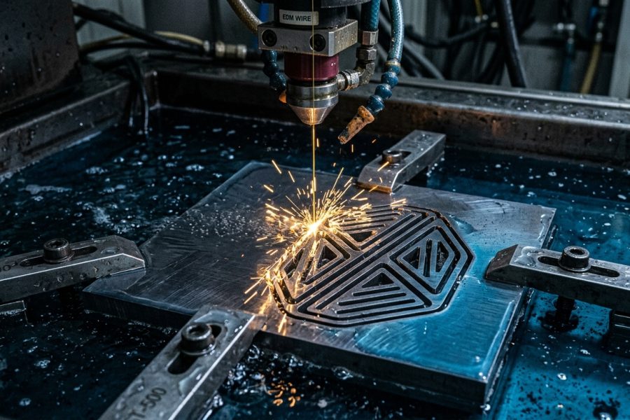 Wire EDM cutting a steel plate