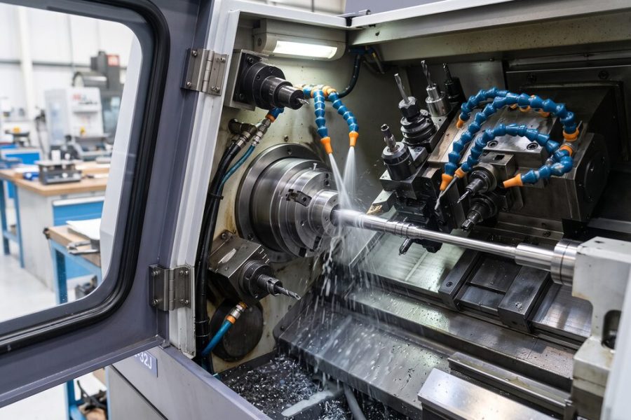 Swiss-type CNC lathe running with its door open, guide bushing and tooling visible around a slender turned part, coolant...