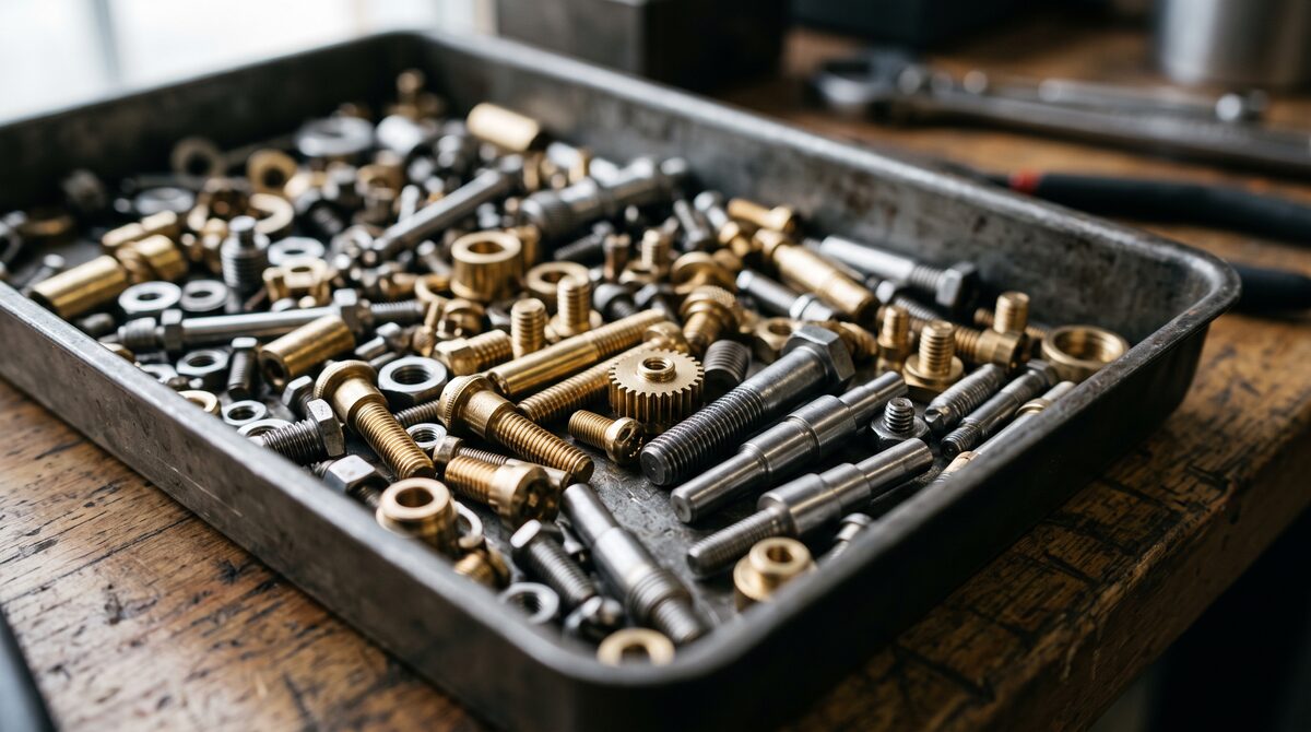 Small precision turned brass and steel components collected in a parts tray, threads and fine diameters catching the light