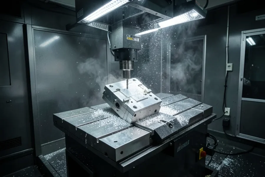 5-axis CNC machining center with a tilted trunnion table cutting an aluminum part
