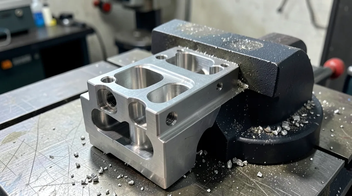 Machined aluminum part with pockets and angled holes held in a vise on a CNC machine table