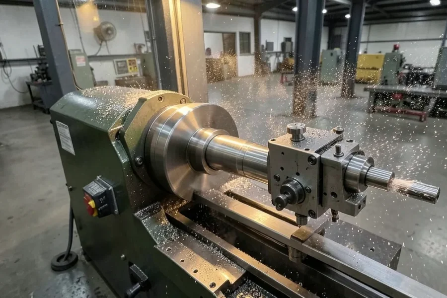 CNC lathe turning a stainless steel shaft