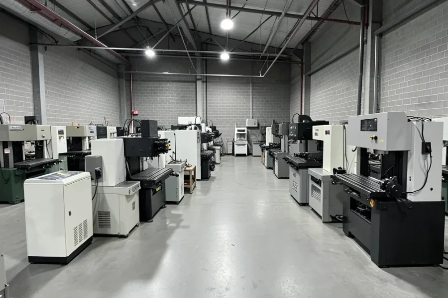 CNC machine shop floor with rows of machining centers and lathes