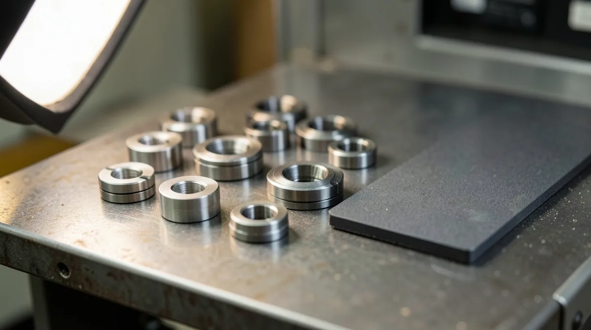 Precision machined steel rings on an inspection bench